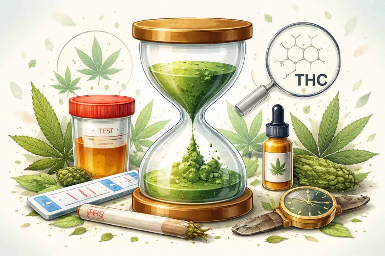 How Long Does THC Stay in Your System? 1 Detailed image of cannabis testing equipment, THC molecule, and related supplies in a lab setting.