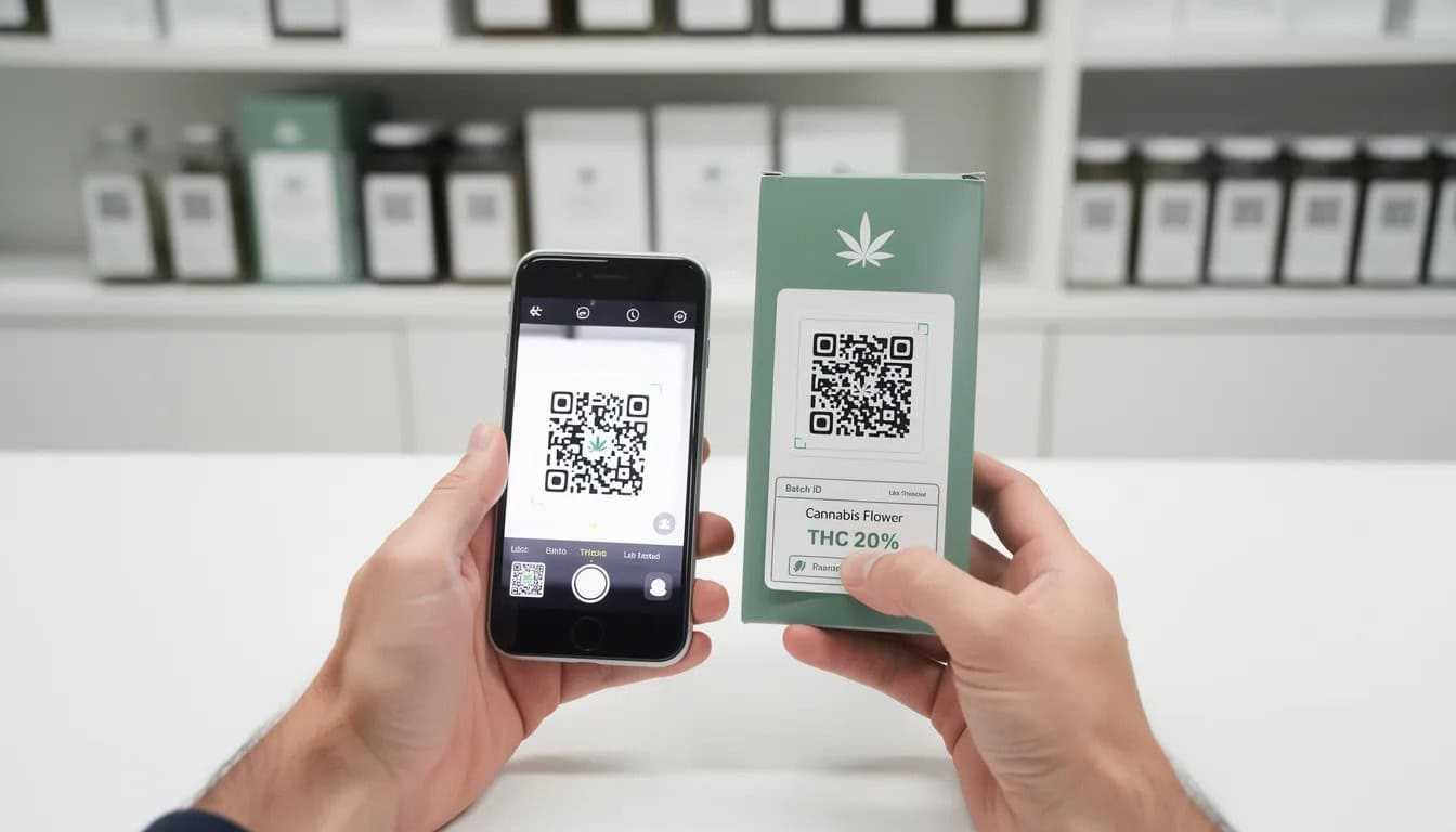 Reading a Cannabis COA Like a Pro 1 The image depicts a pair of hands holding a smartphone, which is actively scanning a QR code on a cannabis product package. This scene emphasizes the importance of ensuring safety and awareness regarding health risks associated with cannabis, such as pesticide exposure and heavy metal contamination.
